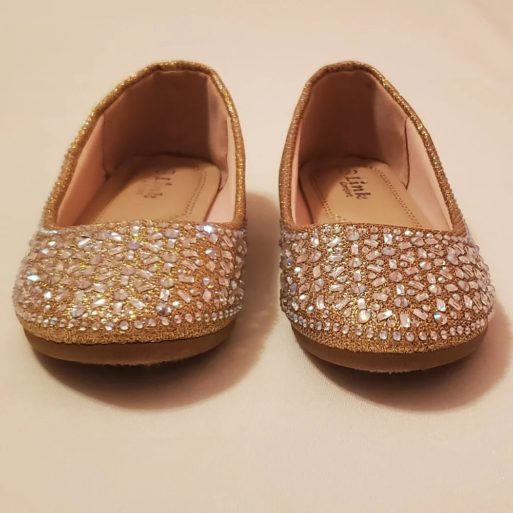 Girl's 2 Link Comfort Gold w/ Rhinestones Ballet Flat